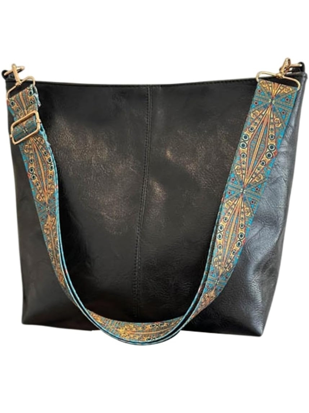 Black Vegan Leather Tote with Decorative Turquoise-Pattern Strap